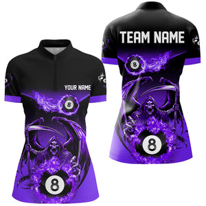 Purple Death Skeleton Flame 8 Ball Pool Billiard Shirts For Women Custom Billiard League Team Jerseys TDM2647