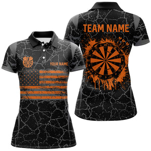 Personalized Orange Retro US Flag Patriotic Women Dart Shirts, Crack Pattern Grunge Dart Jerseys TDM2649