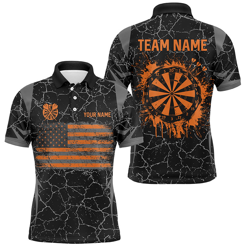 Personalized Orange Retro US Flag Patriotic Men Dart Shirts, Crack Pattern Grunge Dart Jerseys TDM2649