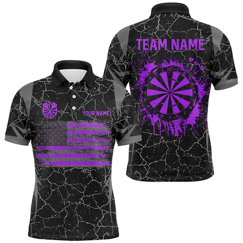 Personalized Purple Retro US Flag Patriotic Men Dart Shirts, Crack Pattern Grunge Dart Jerseys TDM2650