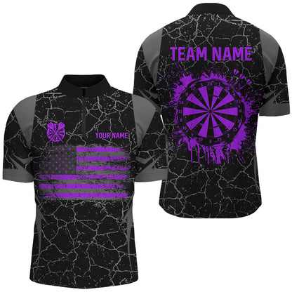 Personalized Purple Retro US Flag Patriotic Men Dart Shirts, Crack Pattern Grunge Dart Jerseys TDM2650