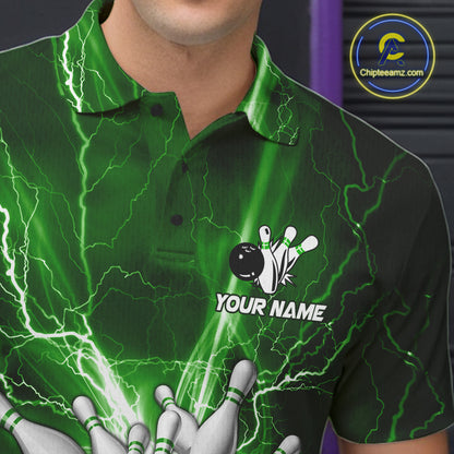 Custom Green Lightning Thunder Bowling Shirts For Men, Bowling Team Jersey, Gifts For Bowler TDM7737