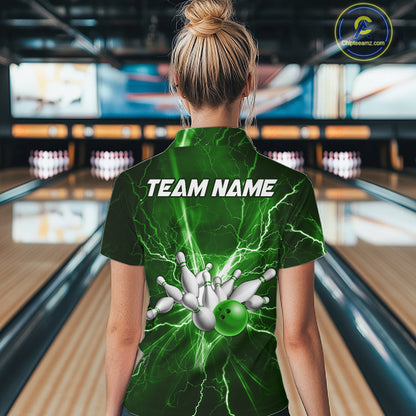 Custom Green Lightning Thunder Bowling Shirts For Women, Bowling Team Jersey, Gifts For Bowler TDM7737