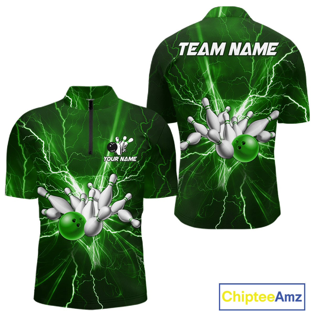 Custom Green Lightning Thunder Bowling Shirts For Men, Bowling Team Jersey, Gifts For Bowler TDM7737