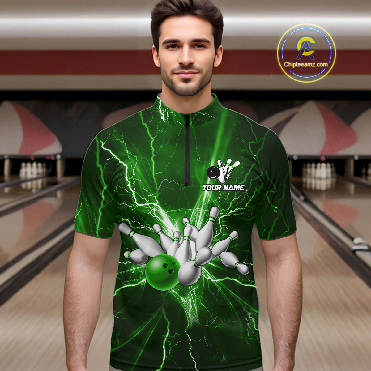 Custom Green Lightning Thunder Bowling Shirts For Men, Bowling Team Jersey, Gifts For Bowler TDM7737