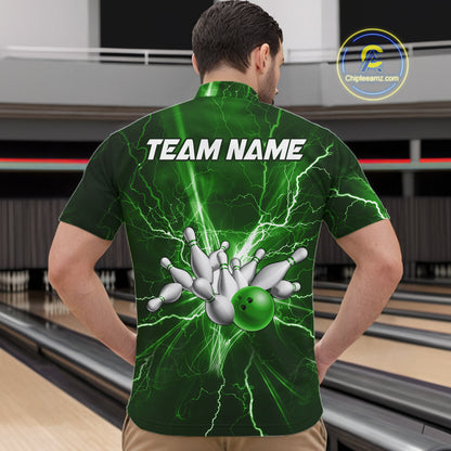 Custom Green Lightning Thunder Bowling Shirts For Men, Bowling Team Jersey, Gifts For Bowler TDM7737