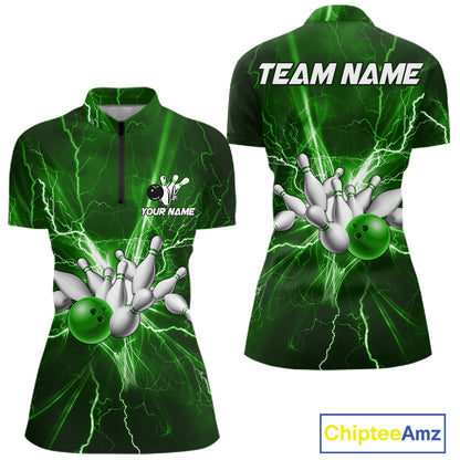 Custom Green Lightning Thunder Bowling Shirts For Women, Bowling Team Jersey, Gifts For Bowler TDM7737