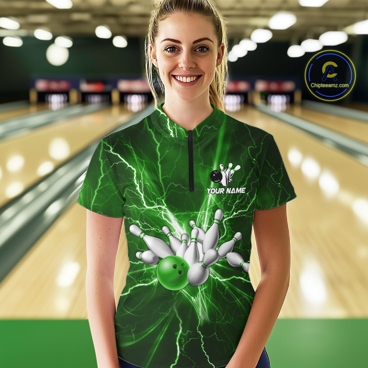 Custom Green Lightning Thunder Bowling Shirts For Women, Bowling Team Jersey, Gifts For Bowler TDM7737