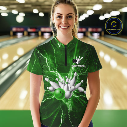 Custom Green Lightning Thunder Bowling Shirts For Women, Bowling Team Jersey, Gifts For Bowler TDM7737