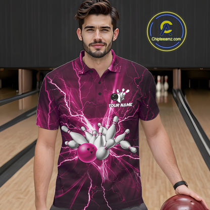 Custom Pink Lightning Thunder Bowling Shirts For Men, Bowling Team Jersey, Gifts For Bowler TDM7738
