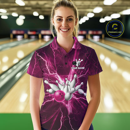 Custom Pink Lightning Thunder Bowling Shirts For Women, Bowling Team Jersey, Gifts For Bowler TDM7738