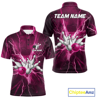 Custom Pink Lightning Thunder Bowling Shirts For Men, Bowling Team Jersey, Gifts For Bowler TDM7738