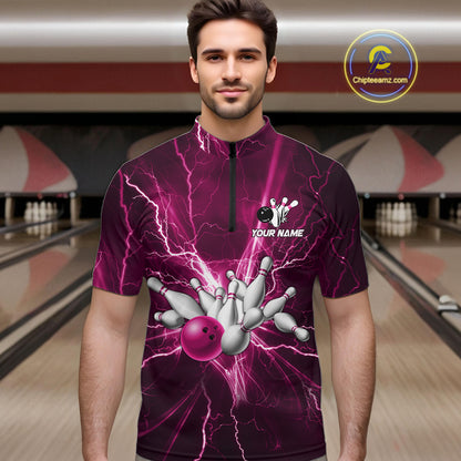 Custom Pink Lightning Thunder Bowling Shirts For Men, Bowling Team Jersey, Gifts For Bowler TDM7738