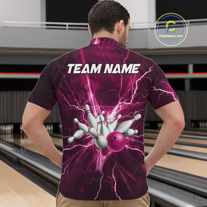 Custom Pink Lightning Thunder Bowling Shirts For Men, Bowling Team Jersey, Gifts For Bowler TDM7738