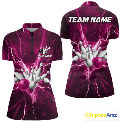 Custom Pink Lightning Thunder Bowling Shirts For Women, Bowling Team Jersey, Gifts For Bowler TDM7738