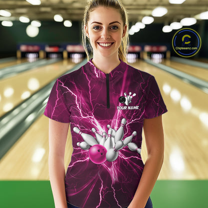 Custom Pink Lightning Thunder Bowling Shirts For Women, Bowling Team Jersey, Gifts For Bowler TDM7738