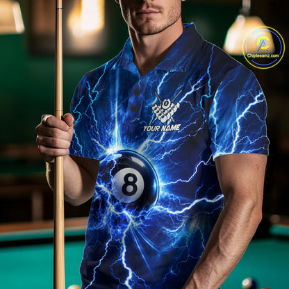 Personalized Blue 8 Ball Pool Lighting Thunder Billiard Shirts For Men Custom Pool Team Jersey TDM7739
