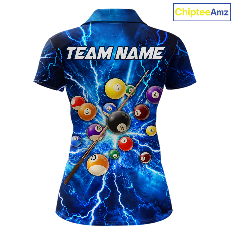 Personalized Blue 8 Ball Pool Lighting Thunder Billiard Shirts For Women Custom Pool Team Jersey TDM7739