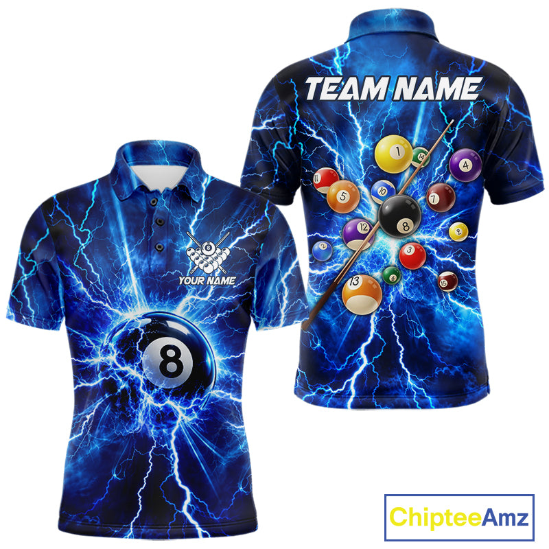 Personalized Blue 8 Ball Pool Lighting Thunder Billiard Shirts For Men Custom Pool Team Jersey TDM7739