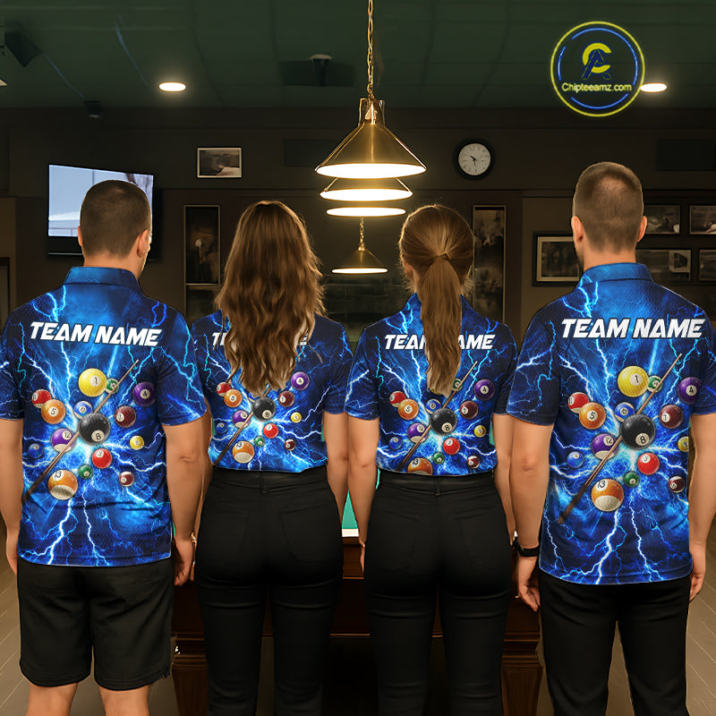 Personalized Blue 8 Ball Pool Lighting Thunder Billiard Shirts For Men Custom Pool Team Jersey TDM7739