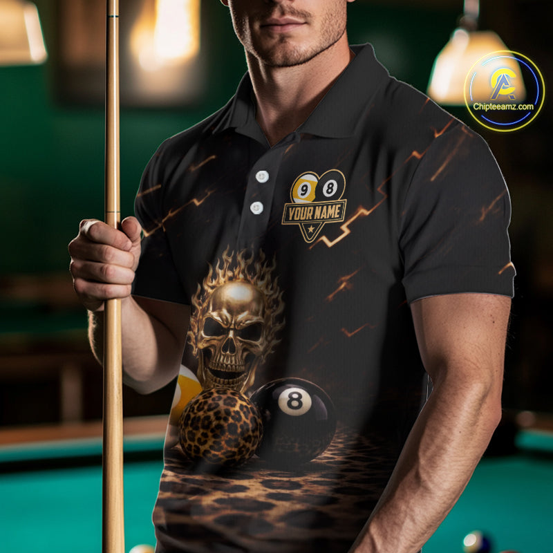 Black And Golden 8 Ball & 9 Ball Skull Billiard Shirt For Men Custom Leopard Pool Team Jersey TDM5997