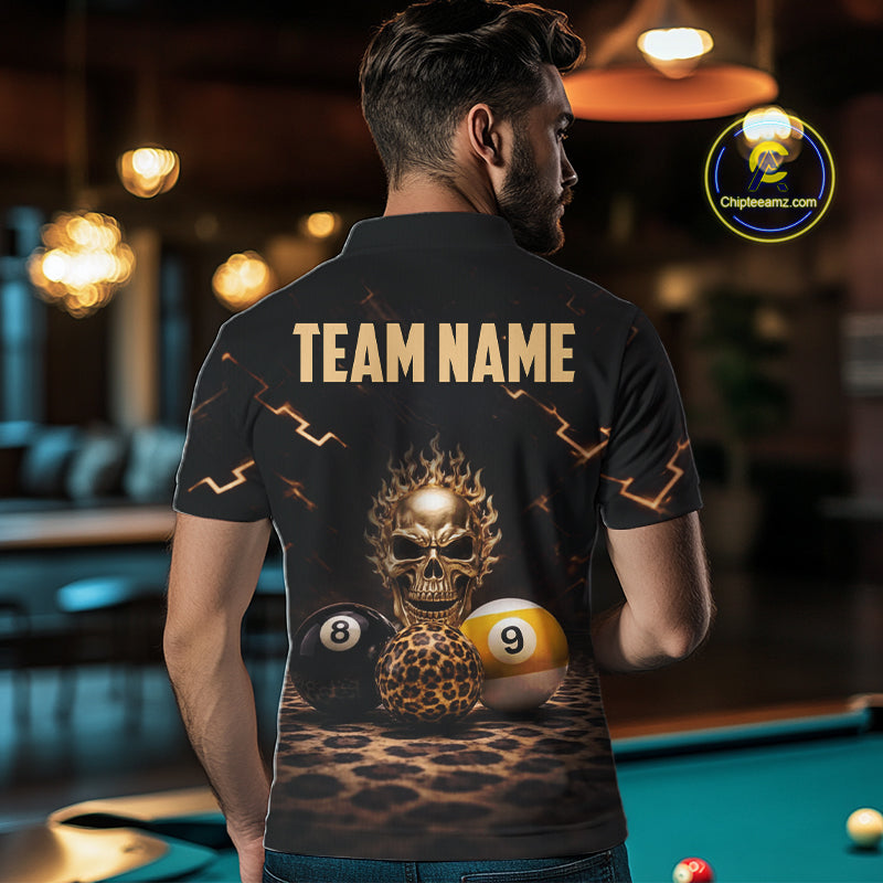 Black And Golden 8 Ball & 9 Ball Skull Billiard Shirt For Men Custom Leopard Pool Team Jersey TDM5997