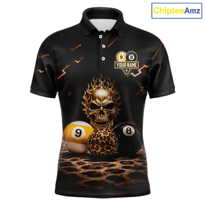 Black And Golden 8 Ball & 9 Ball Skull Billiard Shirt For Men Custom Leopard Pool Team Jersey TDM5997