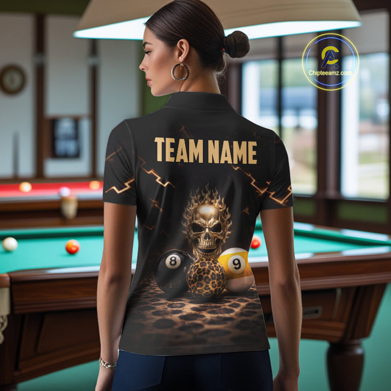 Black And Golden 8 Ball & 9 Ball Skull Billiard Shirt For Women Custom Leopard Pool Team Jersey TDM5997