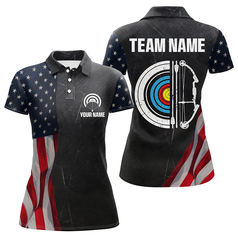 Personalized Retro US Flag Archery Polo Shirts For Women Custom Patriotic Archery Jersey For Archer TDM1359