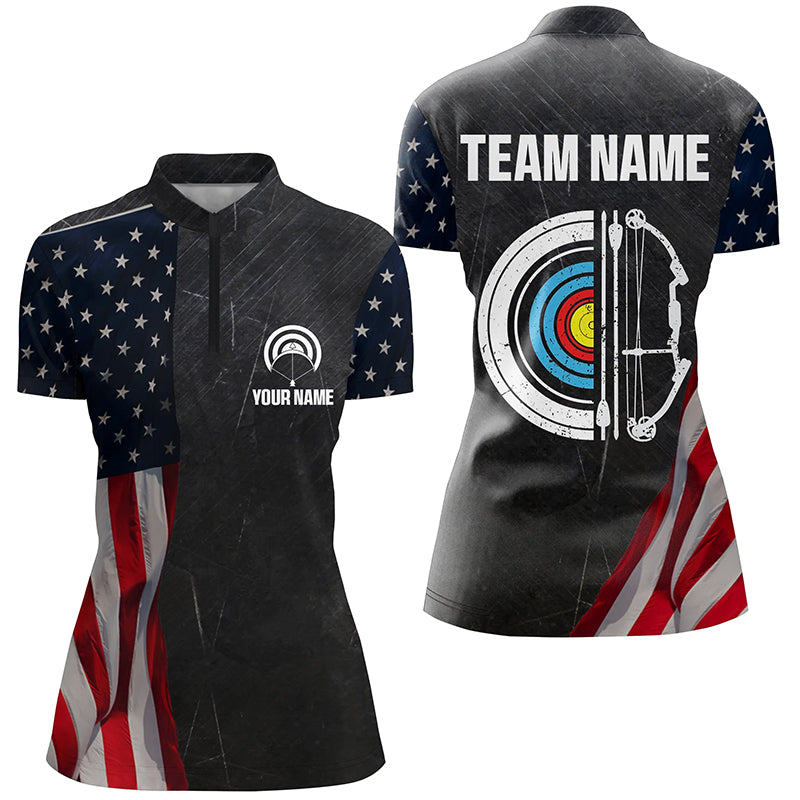 Retro Us Flag Archery Women Quarter-Zip Shirts Custom Patriotic Archery Jersey For Archer TDM1359