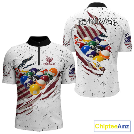 Patriotic American Flag Grunge Billiard Jersey For Men Custom Billiard Shirt Polo & 1/4 Zip |White TDM3819