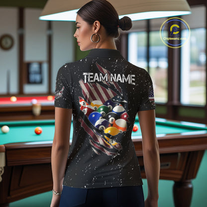 Patriotic American Flag Grunge Billiard Jersey For Women Custom Billiard Shirt Polo & 1/4 Zip |Black TDM3820