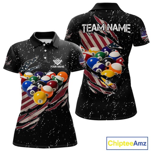 Patriotic American Flag Grunge Billiard Jersey For Women Custom Billiard Shirt Polo & 1/4 Zip |Black TDM3820
