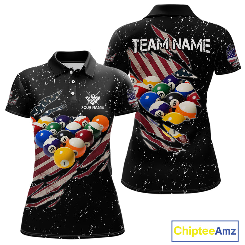 Patriotic American Flag Grunge Billiard Jersey For Women Custom Billiard Shirt Polo & 1/4 Zip |Black TDM3820