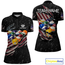 Load image into Gallery viewer, Patriotic American Flag Grunge Billiard Jersey For Women Custom Billiard Shirt Polo &amp; 1/4 Zip |Black TDM3820
