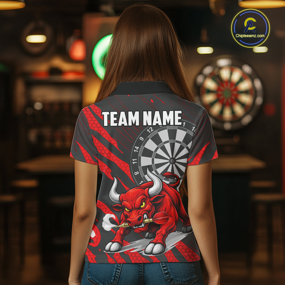 Black And Red Funny Bull Darts Shirt For Women Custom Darts Team Jersey Polo & Quarter Zip Shirt TDM6237