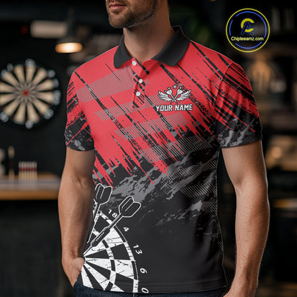 Red Black Grunge Darts Shirts For Men Custom Dart Jersey With Pocket Option TDM4107