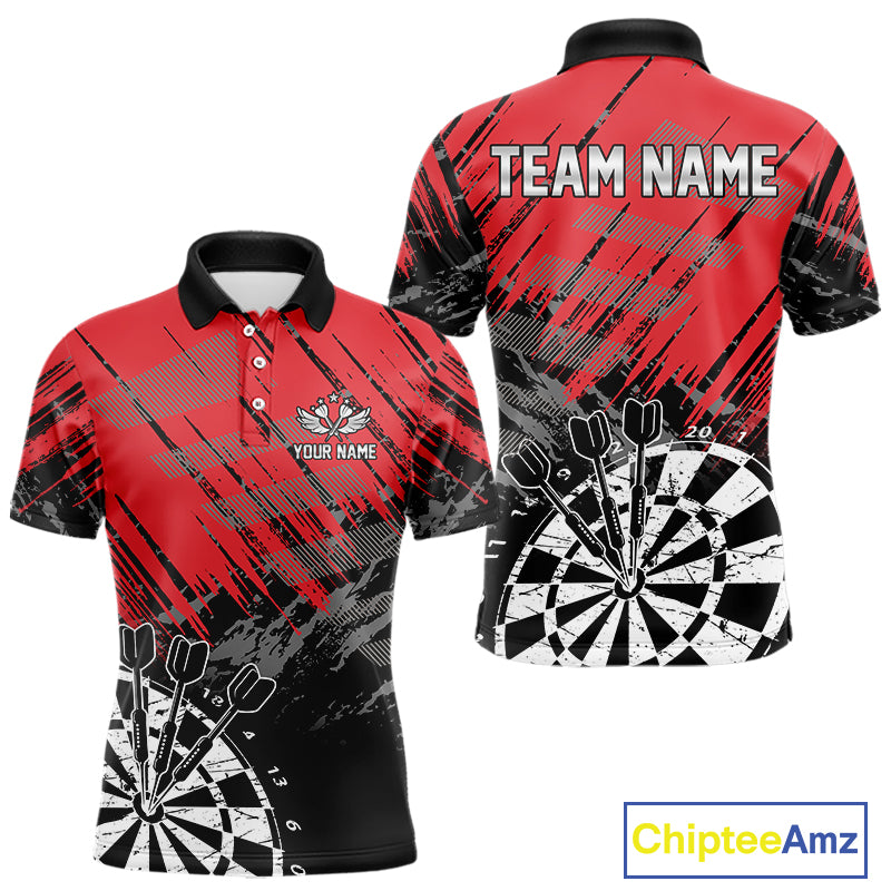 Red Black Grunge Darts Shirts For Men Custom Dart Jersey With Pocket Option TDM4107