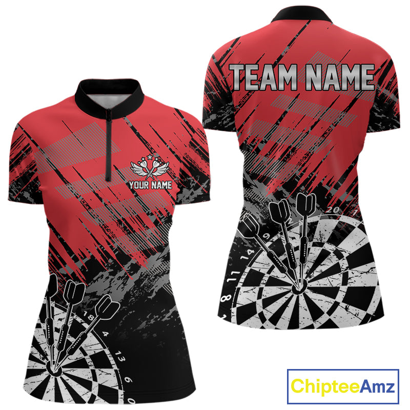 Red Black Grunge Darts Shirts For Women Custom Dart Jersey With Pocket Option TDM4107