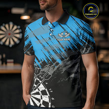 Load image into Gallery viewer, Blue Black Grunge Darts Shirts For Men Custom Dart Jersey With Pocket Option TDM4108