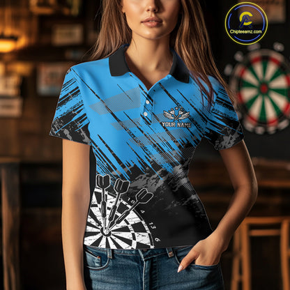 Blue Black Grunge Darts Shirts For Women Custom Dart Jersey With Pocket Option TDM4108