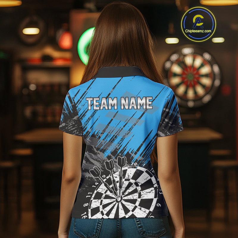 Blue Black Grunge Darts Shirts For Women Custom Dart Jersey With Pocket Option TDM4108