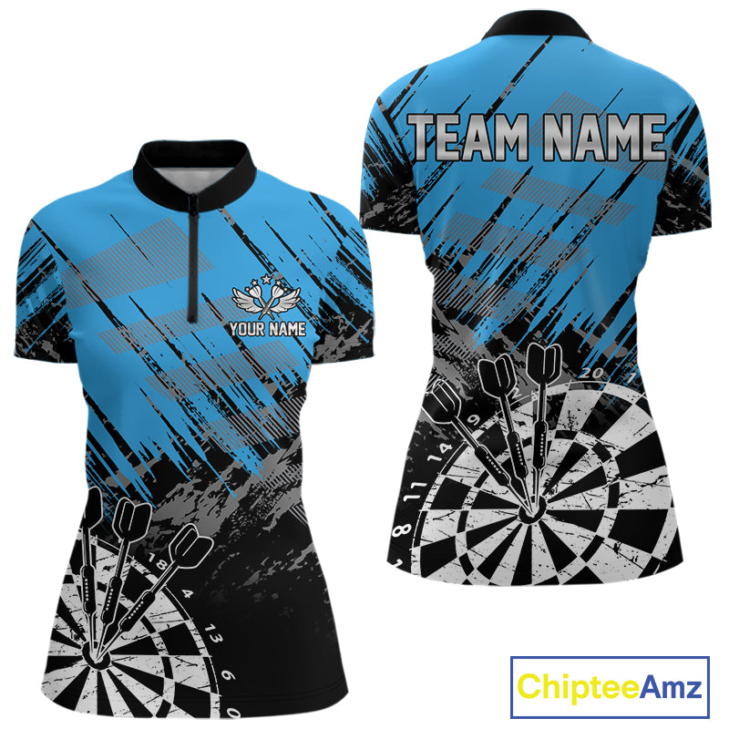 Blue Black Grunge Darts Shirts For Women Custom Dart Jersey With Pocket Option TDM4108