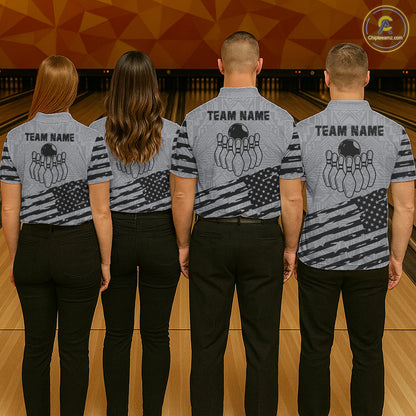 Back view of bowling team wearing matching custom bowling jerseys in a bowling alley.