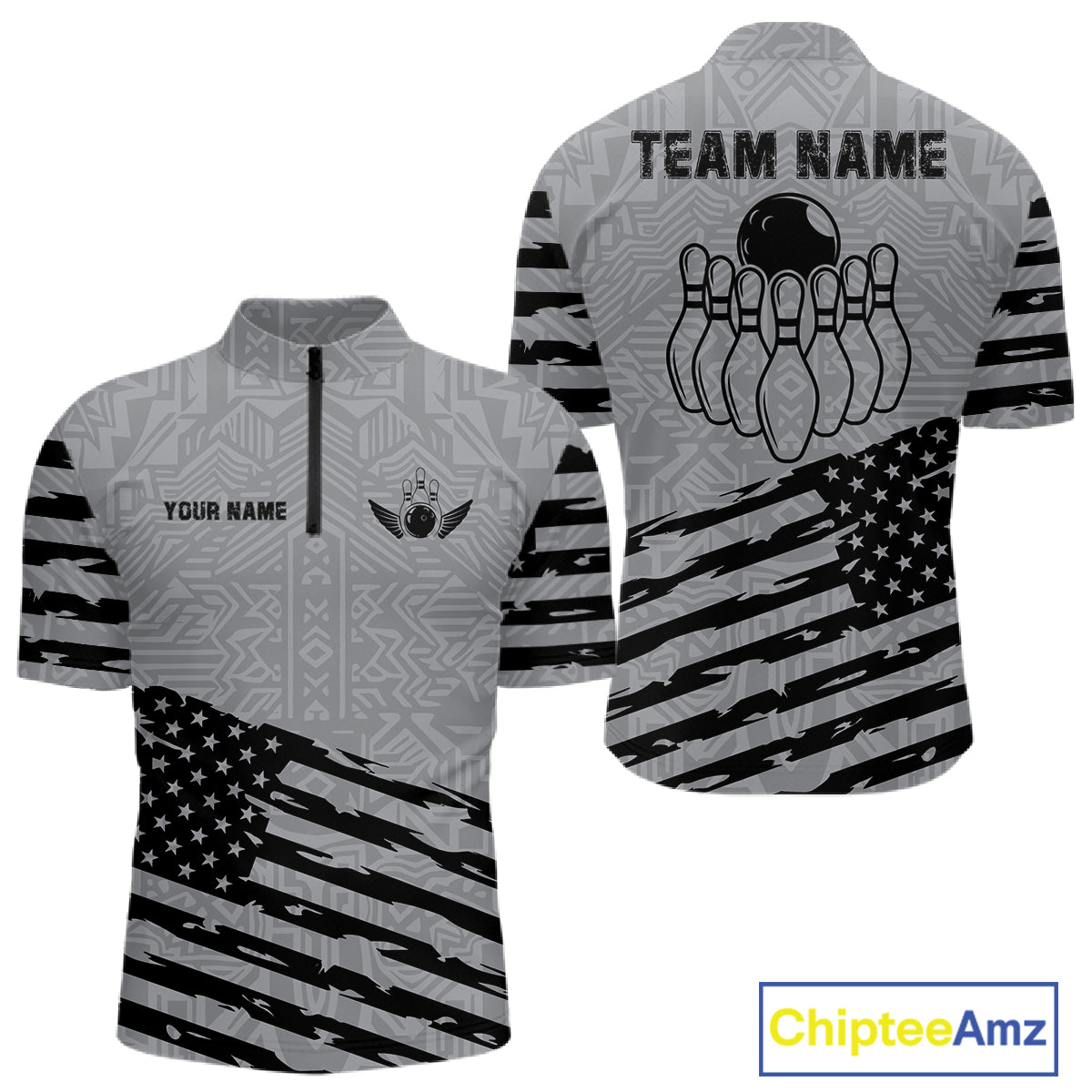 Grey American flag bowling quarter zip shirt for men with personalized bowling team style.
