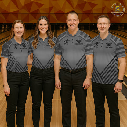 Bowling team wearing matching grey American flag jerseys during league competition front view.