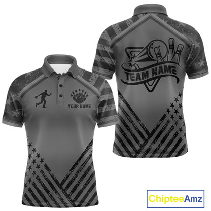 Grey American flag bowling polo shirt for men with personalized team graphics and league-ready style.