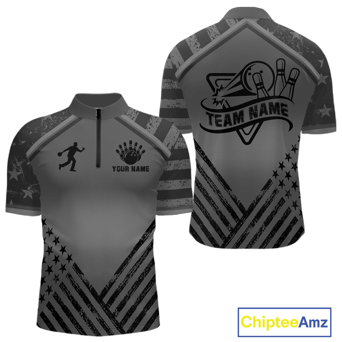 Grey American flag bowling quarter zip shirt for men designed for tournaments and bowling team matches.