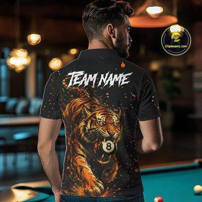 Man wearing personalized grunge tiger 8 ball pool billiard polo shirt back view.