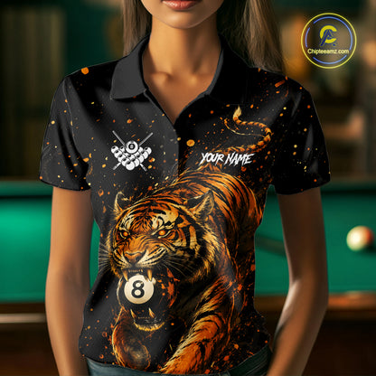 Woman wearing personalized grunge tiger 8 ball pool billiard polo shirt front view.